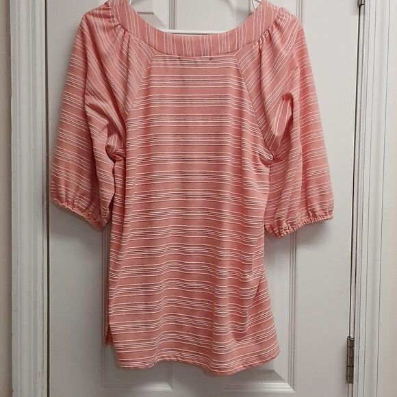 ⭐️5/$25 SALE Adrienne Vittadini Smock Topped, Drawstring Blouse, Melon/White XL - Picture 6 of 9